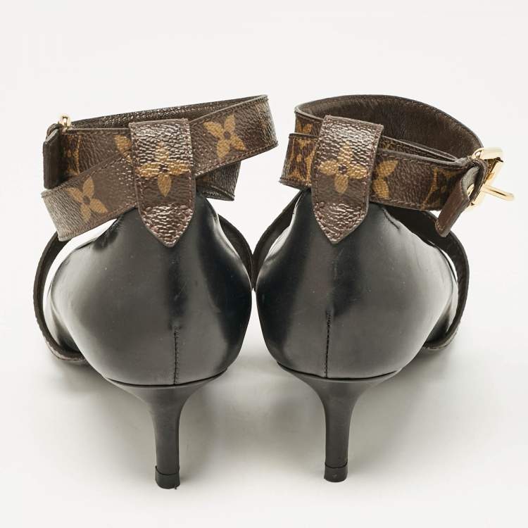 Pre Owned Louis Vuitton Black/Brown Leather and Monogram Canvas Cross Strap Pumps Size 36