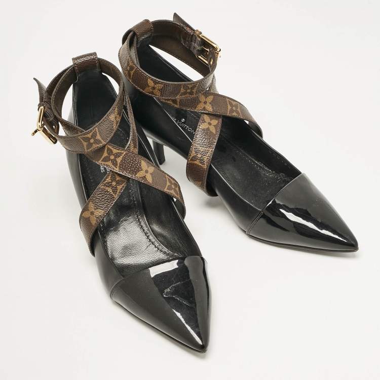 Pre Owned Louis Vuitton Black/Brown Leather and Monogram Canvas Cross Strap Pumps Size 36