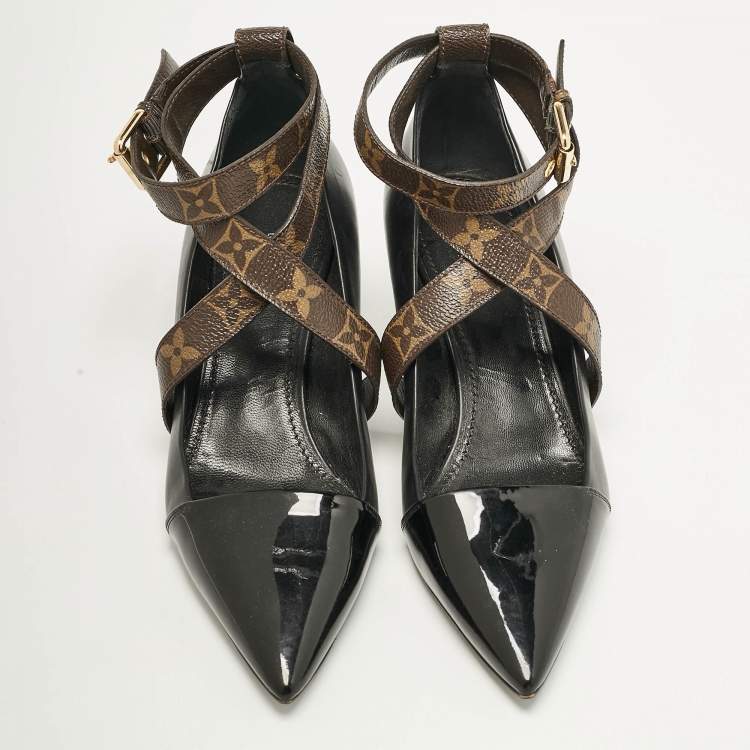 Pre Owned Louis Vuitton Black/Brown Leather and Monogram Canvas Cross Strap Pumps Size 36
