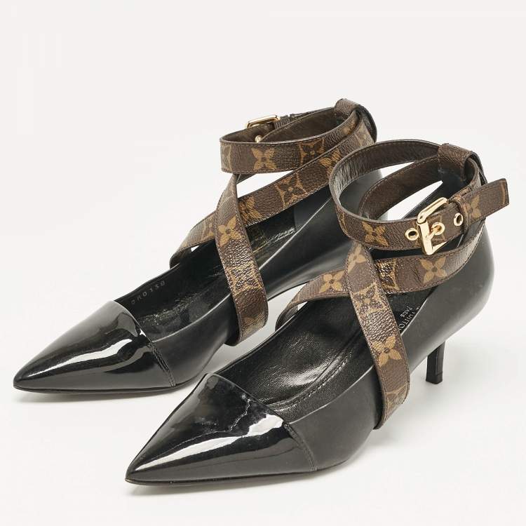 Pre Owned Louis Vuitton Black/Brown Leather and Monogram Canvas Cross Strap Pumps Size 36