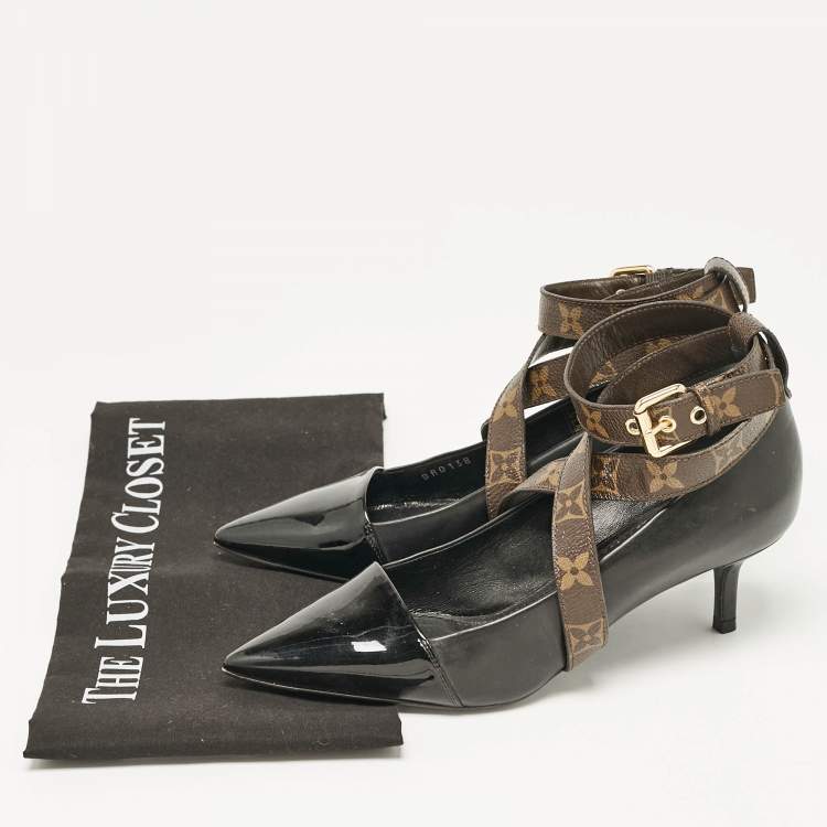 Pre Owned Louis Vuitton Black/Brown Leather and Monogram Canvas Cross Strap Pumps Size 36