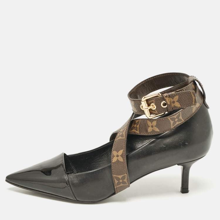 Pre Owned Louis Vuitton Black/Brown Leather and Monogram Canvas Cross Strap Pumps Size 36