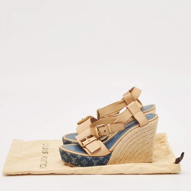 Pre Owned Louis Vuitton Brown Denim and Leather Wedge Sandals Size 38