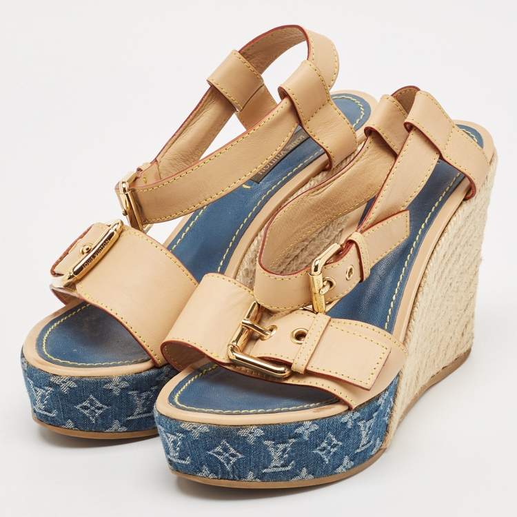 Pre Owned Louis Vuitton Brown Denim and Leather Wedge Sandals Size 38