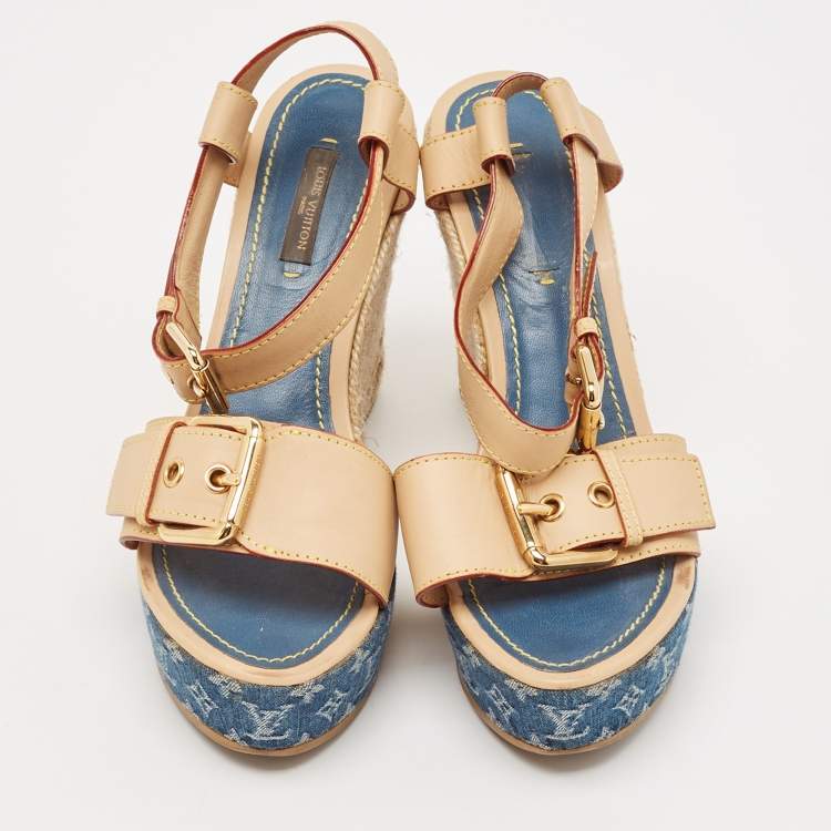 Pre Owned Louis Vuitton Brown Denim and Leather Wedge Sandals Size 38