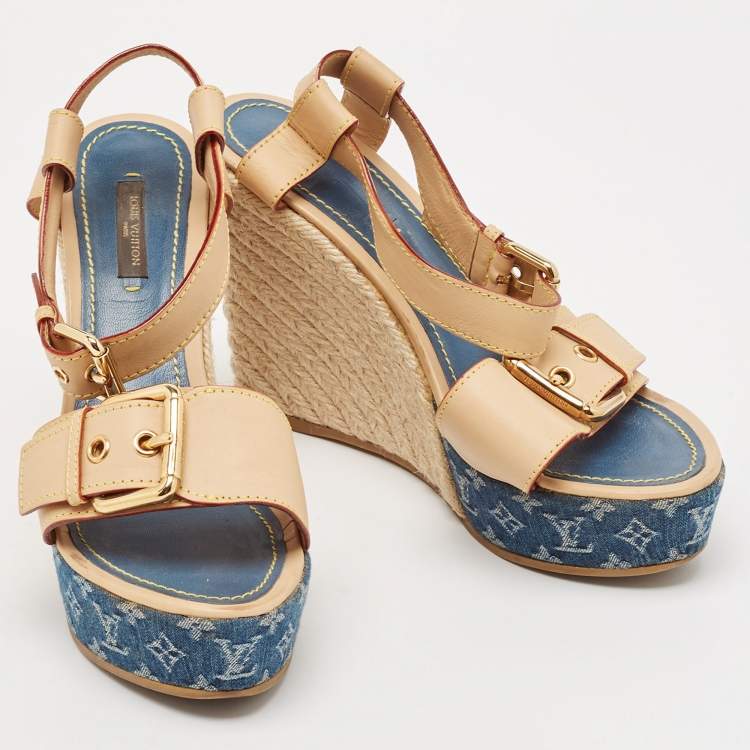Pre Owned Louis Vuitton Brown Denim and Leather Wedge Sandals Size 38