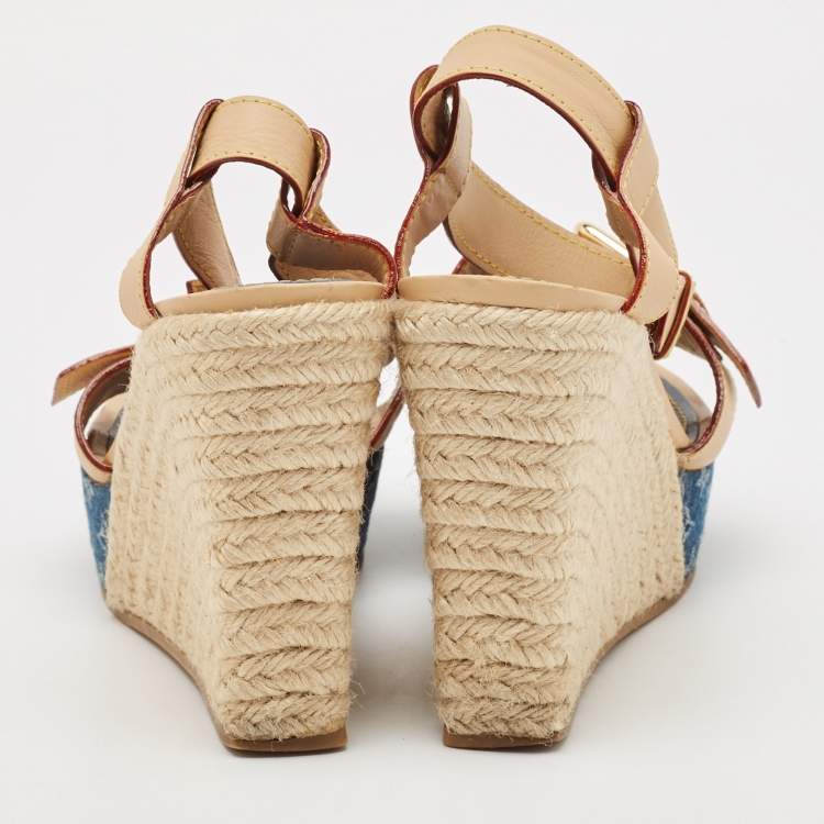 Pre Owned Louis Vuitton Brown Denim and Leather Wedge Sandals Size 38