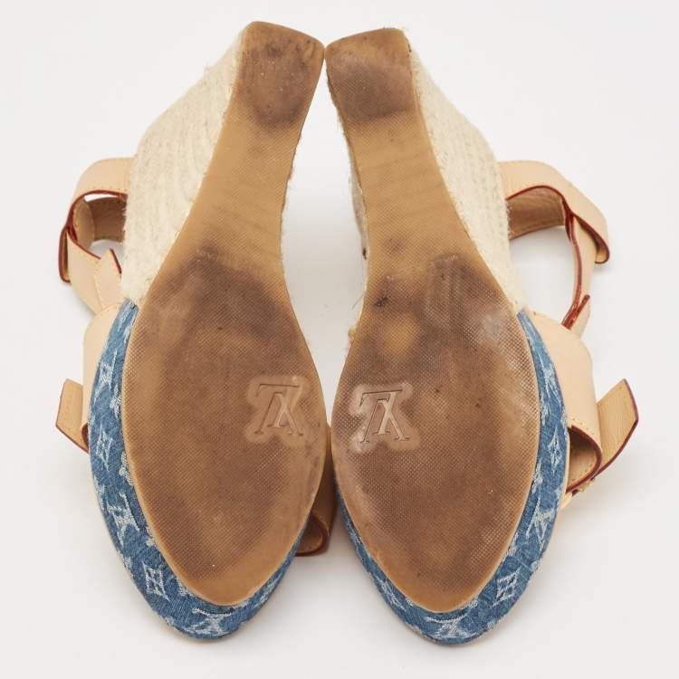 Pre Owned Louis Vuitton Brown Denim and Leather Wedge Sandals Size 38