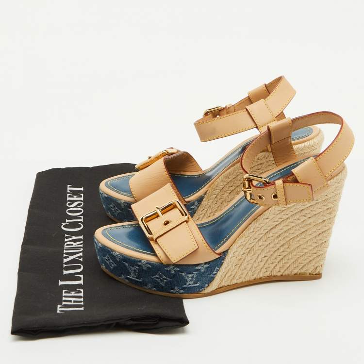Pre Owned Louis Vuitton Beige/Blue Leather and Monogram Denim Espadrille Wedge Sandals Size 36.5