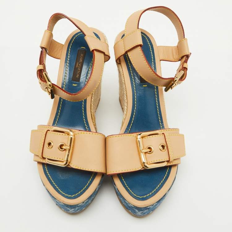 Pre Owned Louis Vuitton Beige/Blue Leather and Monogram Denim Espadrille Wedge Sandals Size 36.5