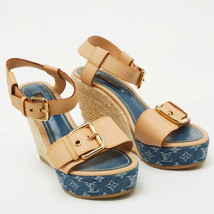Pre Owned Louis Vuitton Beige/Blue Leather and Monogram Denim Espadrille Wedge Sandals Size 36.5