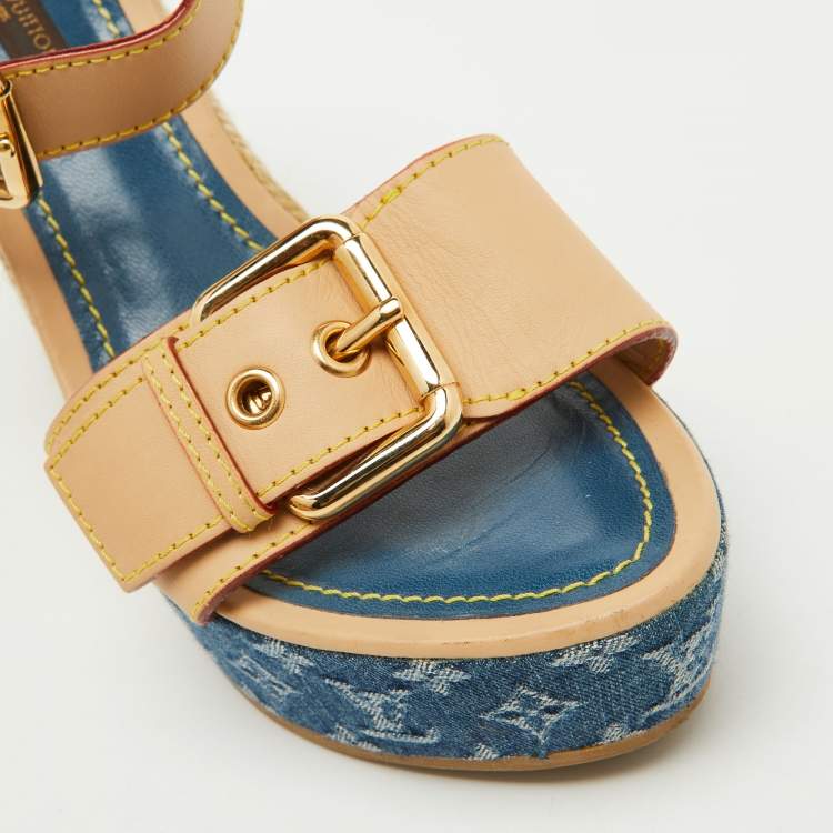 Pre Owned Louis Vuitton Beige/Blue Leather and Monogram Denim Espadrille Wedge Sandals Size 36.5