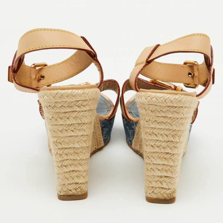 Pre Owned Louis Vuitton Beige/Blue Leather and Monogram Denim Espadrille Wedge Sandals Size 36.5