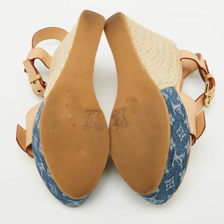 Pre Owned Louis Vuitton Beige/Blue Leather and Monogram Denim Espadrille Wedge Sandals Size 36.5