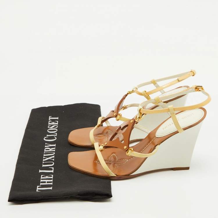 Pre Owned Louis Vuitton Cream/Brown Patent Leather Capricieuse Monogram Wedge Sandals Size 36.5