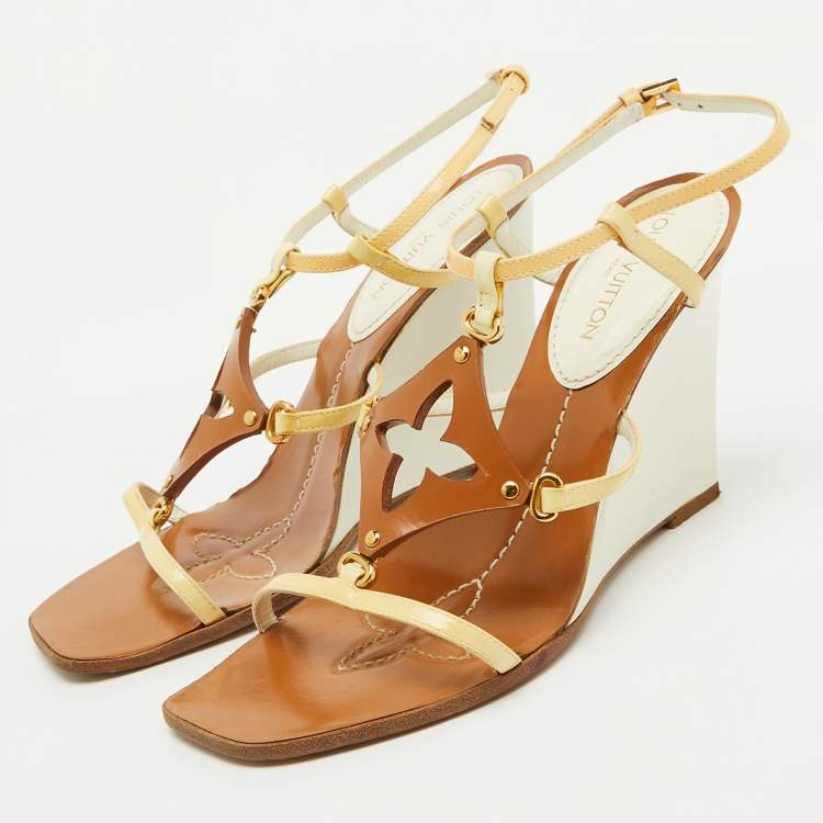 Pre Owned Louis Vuitton Cream/Brown Patent Leather Capricieuse Monogram Wedge Sandals Size 36.5