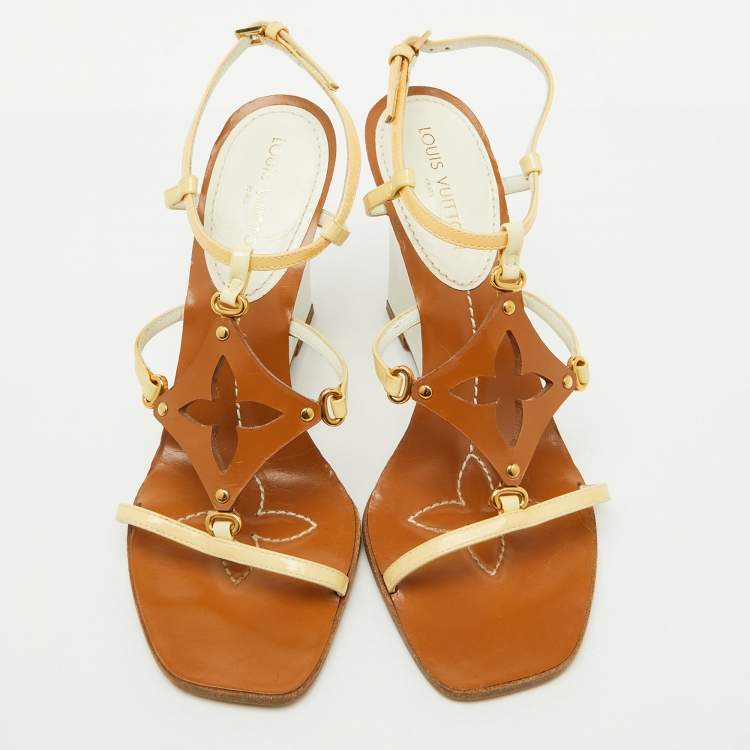 Pre Owned Louis Vuitton Cream/Brown Patent Leather Capricieuse Monogram Wedge Sandals Size 36.5