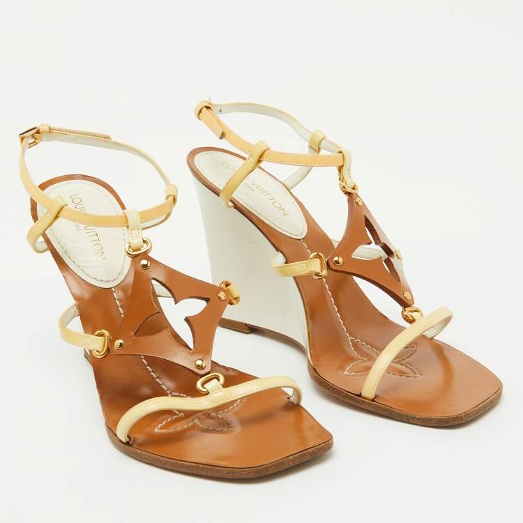 Pre Owned Louis Vuitton Cream/Brown Patent Leather Capricieuse Monogram Wedge Sandals Size 36.5