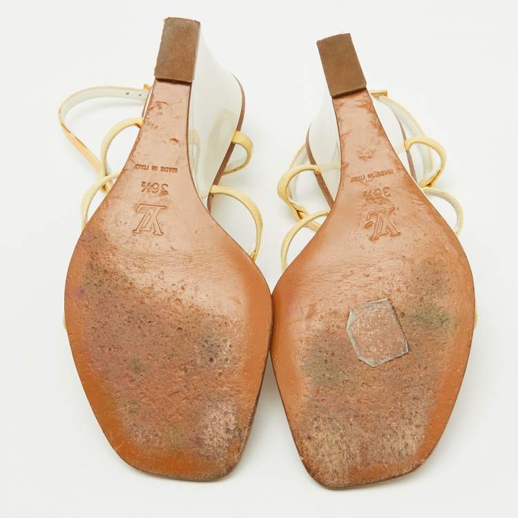 Pre Owned Louis Vuitton Cream/Brown Patent Leather Capricieuse Monogram Wedge Sandals Size 36.5