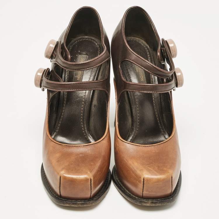 Pre Owned Louis Vuitton Brown/Beige Leather Block Heel Pumps Size 38