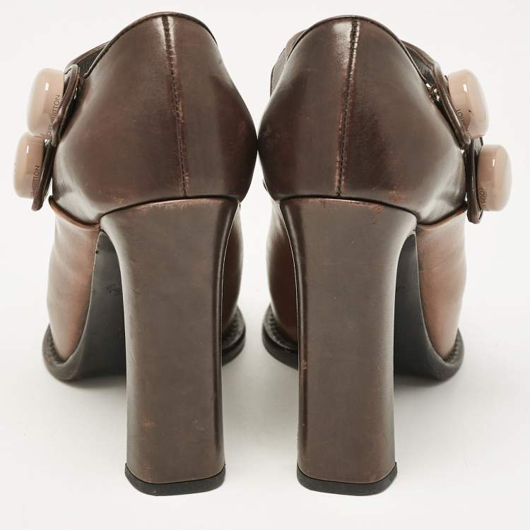 Pre Owned Louis Vuitton Brown/Beige Leather Block Heel Pumps Size 38