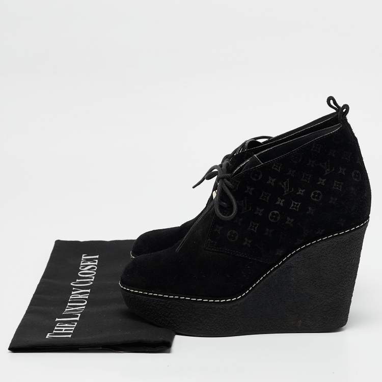 Pre Owned Louis Vuitton Black Monogram Suede Wedge Ankle Boots Size 36