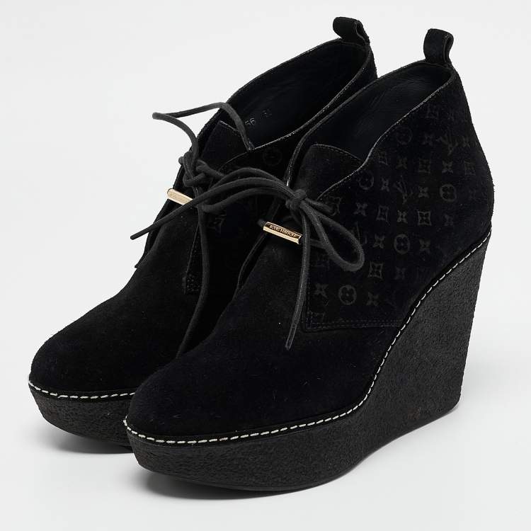 Pre Owned Louis Vuitton Black Monogram Suede Wedge Ankle Boots Size 36