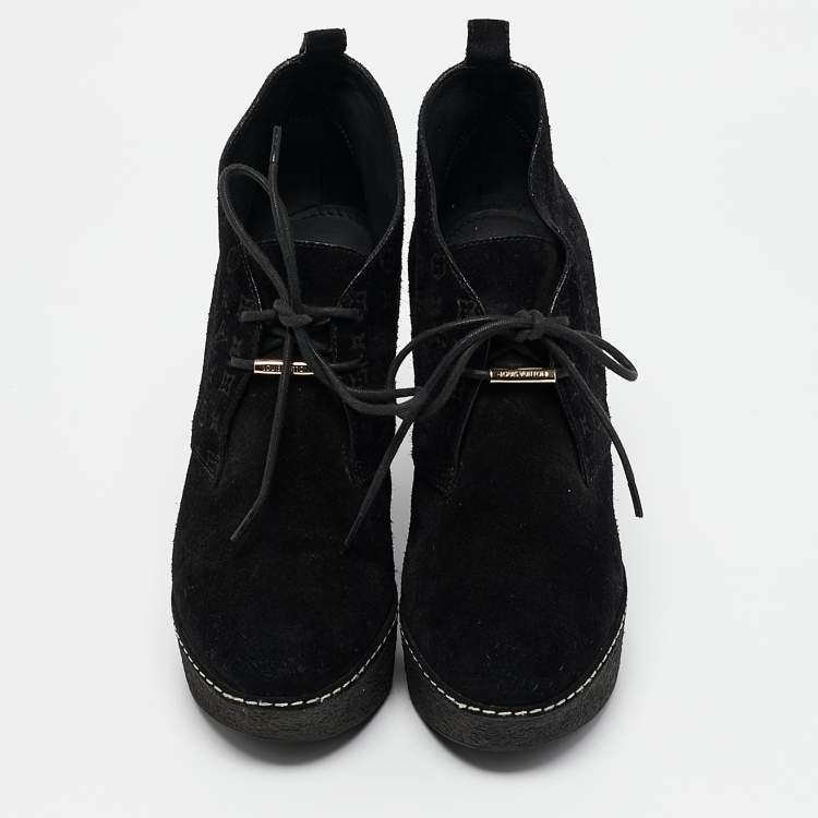 Pre Owned Louis Vuitton Black Monogram Suede Wedge Ankle Boots Size 36