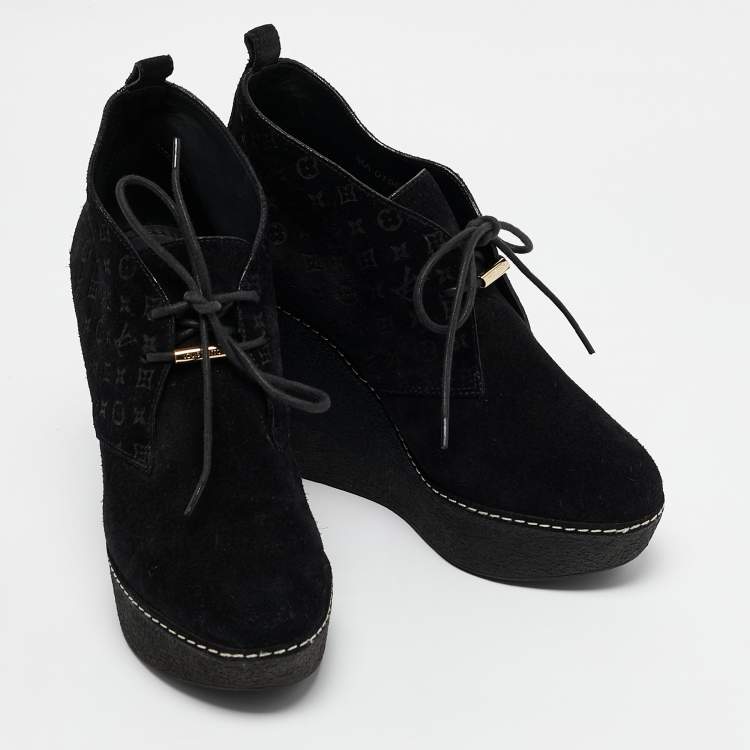 Pre Owned Louis Vuitton Black Monogram Suede Wedge Ankle Boots Size 36