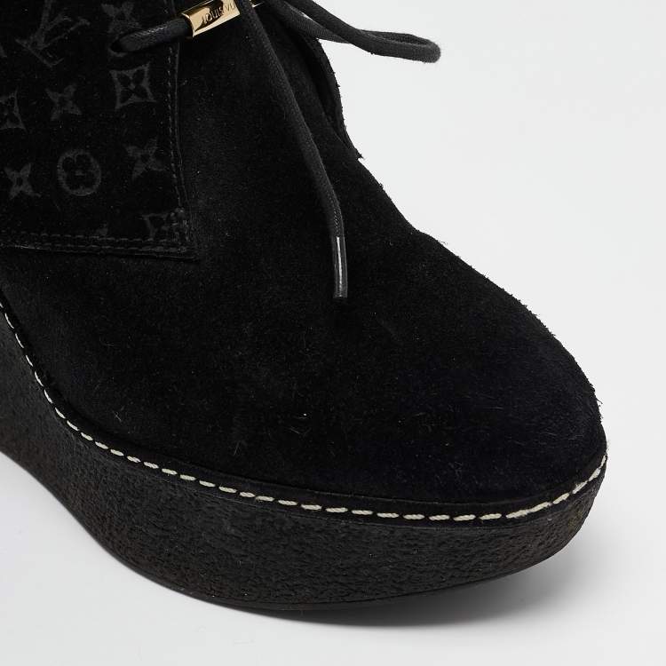 Pre Owned Louis Vuitton Black Monogram Suede Wedge Ankle Boots Size 36