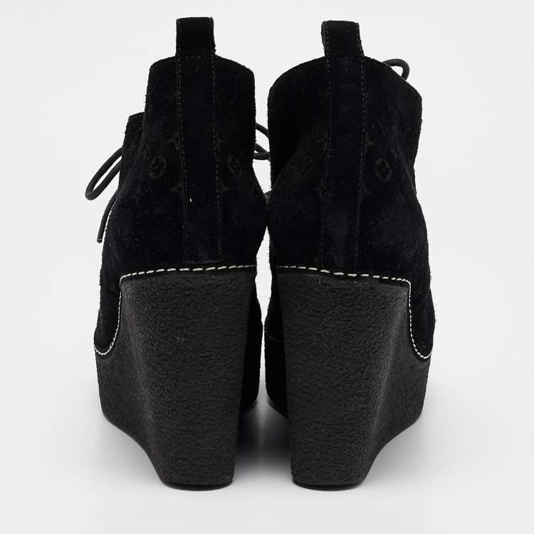 Pre Owned Louis Vuitton Black Monogram Suede Wedge Ankle Boots Size 36