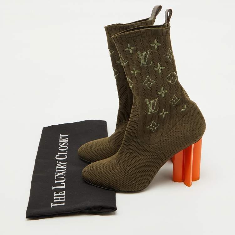 Pre Owned Louis Vuitton Olive Green Monogram Knit Fabric Silhouette Ankle Boots Size 36