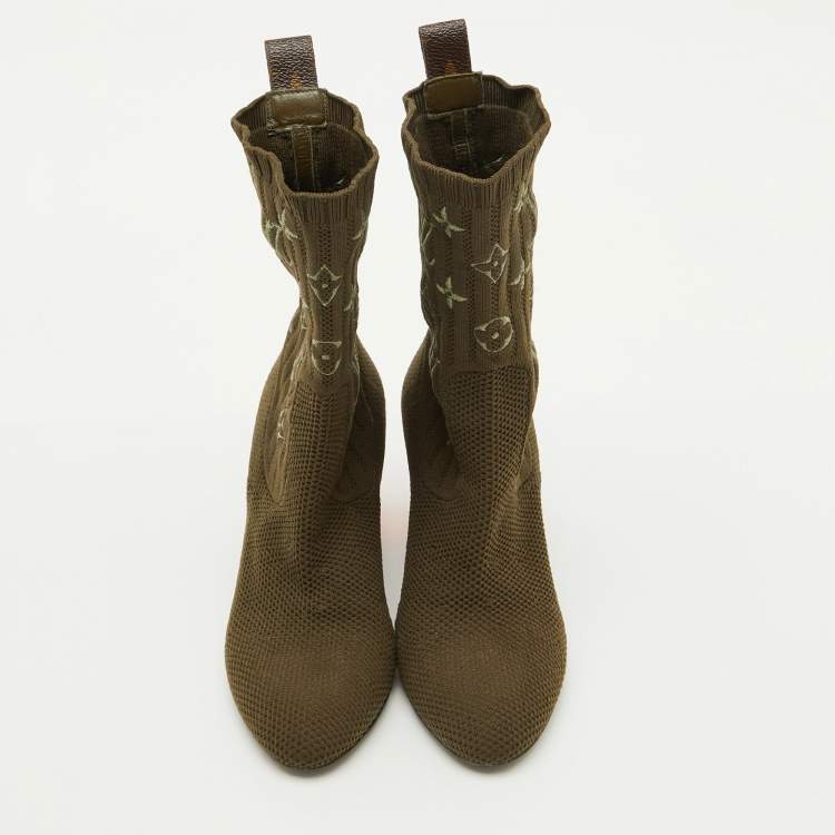 Pre Owned Louis Vuitton Olive Green Monogram Knit Fabric Silhouette Ankle Boots Size 36