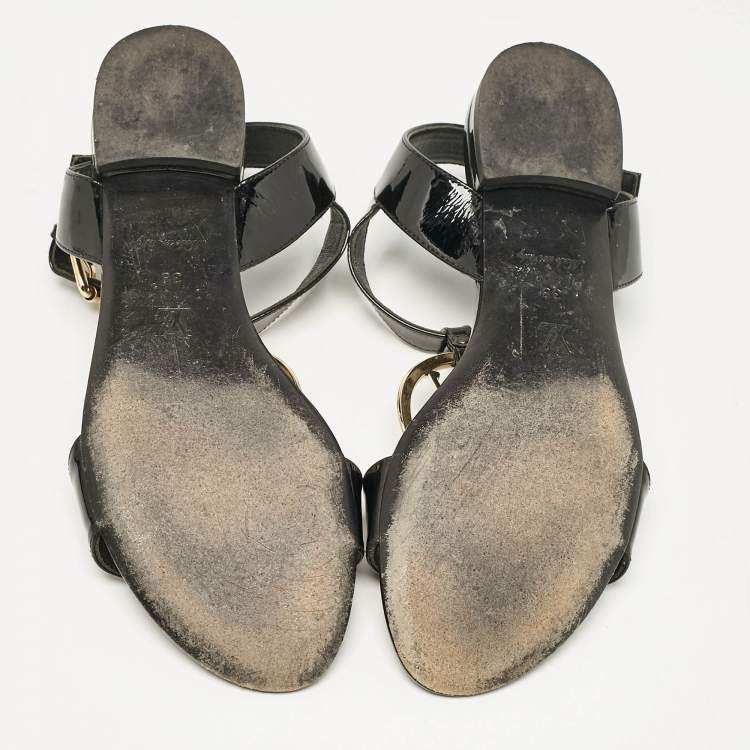 Pre Owned Louis Vuitton Black Patent Leather LV Logo Slingback Flat Sandals Size 38