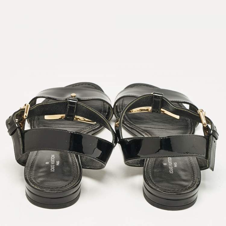 Pre Owned Louis Vuitton Black Patent Leather LV Logo Slingback Flat Sandals Size 38