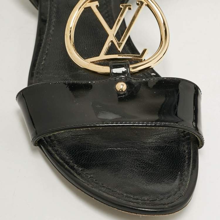 Pre Owned Louis Vuitton Black Patent Leather LV Logo Slingback Flat Sandals Size 38