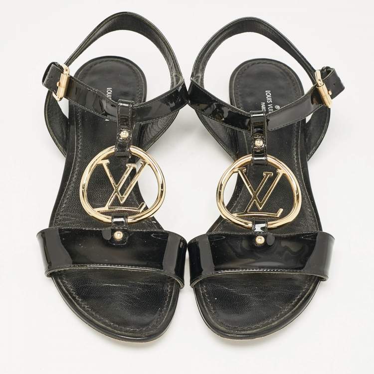 Pre Owned Louis Vuitton Black Patent Leather LV Logo Slingback Flat Sandals Size 38