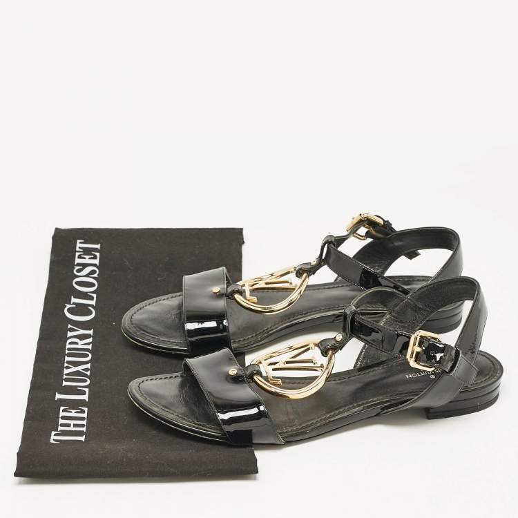 Pre Owned Louis Vuitton Black Patent Leather LV Logo Slingback Flat Sandals Size 38