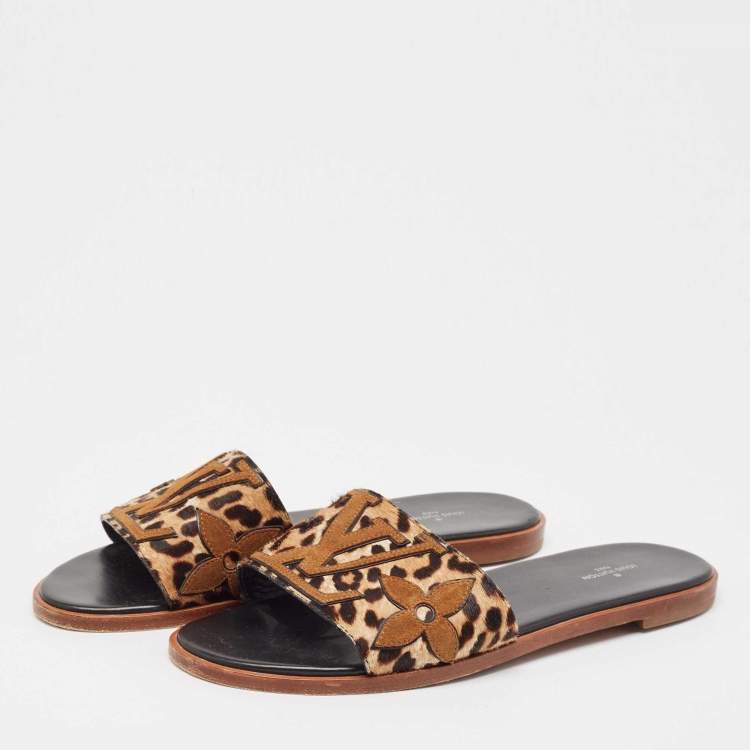 Pre Owned Louis Vuitton Brown Leopard Print Calf Hair and Suede Monogram Flat Slides Size 40
