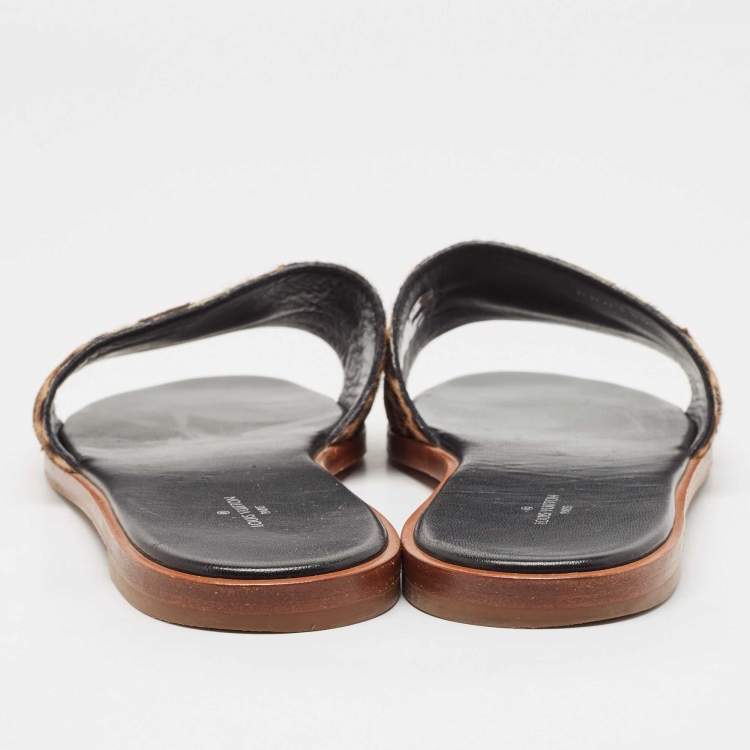 Pre Owned Louis Vuitton Brown Leopard Print Calf Hair and Suede Monogram Flat Slides Size 40