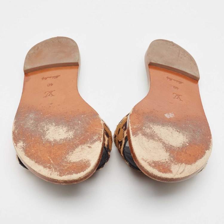 Pre Owned Louis Vuitton Brown Leopard Print Calf Hair and Suede Monogram Flat Slides Size 40