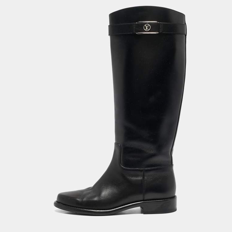 Pre Owned Louis Vuitton Black Leather Logo Knee Length Boots Size 38