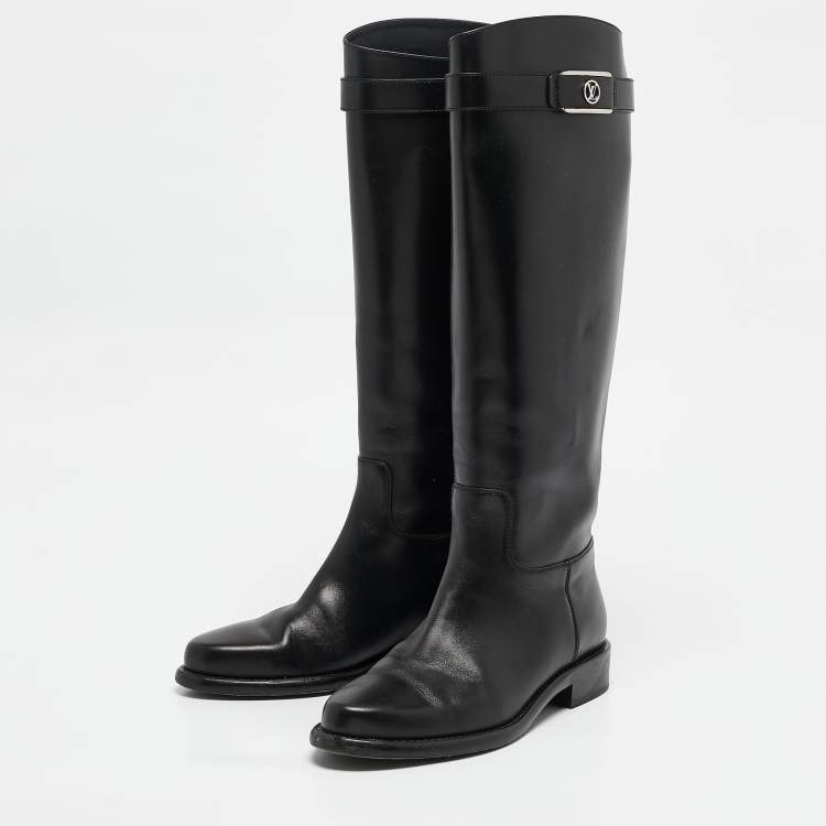 Pre Owned Louis Vuitton Black Leather Logo Knee Length Boots Size 38