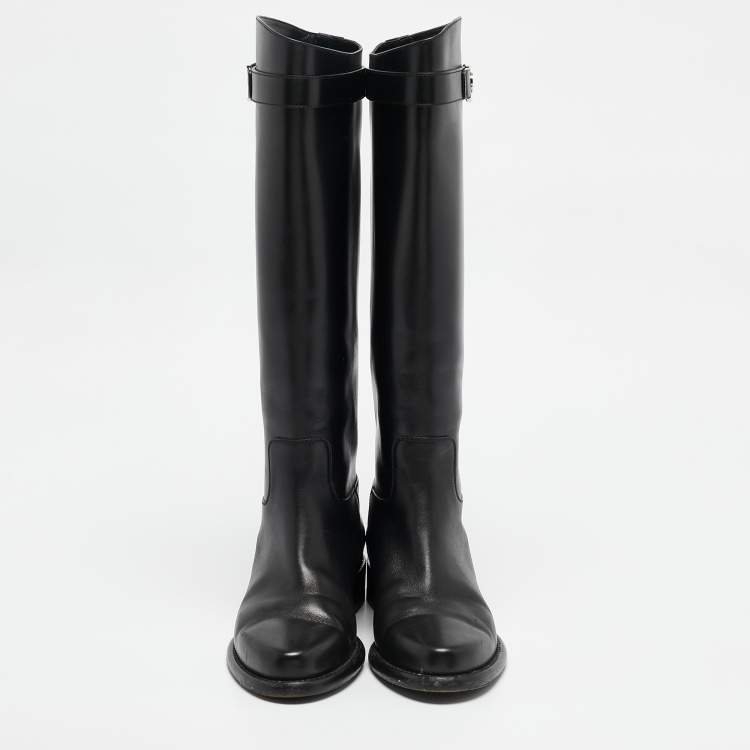 Pre Owned Louis Vuitton Black Leather Logo Knee Length Boots Size 38