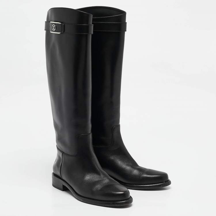 Pre Owned Louis Vuitton Black Leather Logo Knee Length Boots Size 38