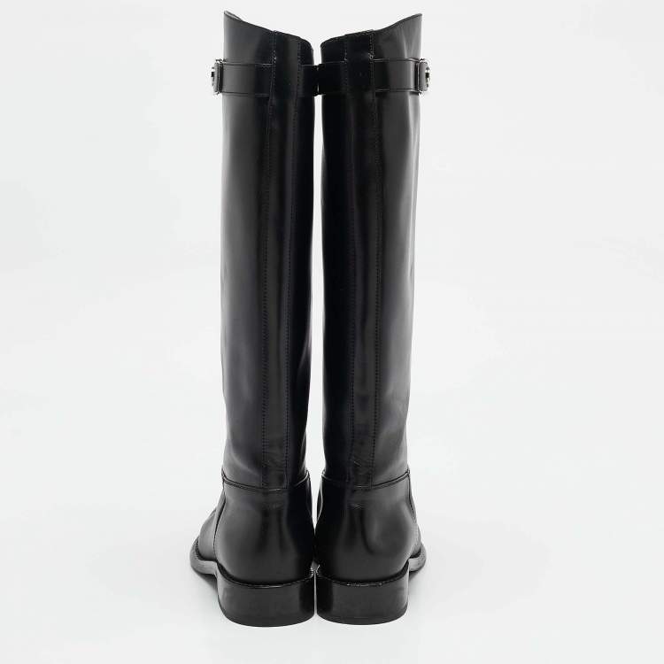 Pre Owned Louis Vuitton Black Leather Logo Knee Length Boots Size 38