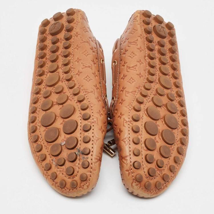 Pre Owned Louis Vuitton Brown Monogram Empreinte Leather Gloria Loafers Size 36.5