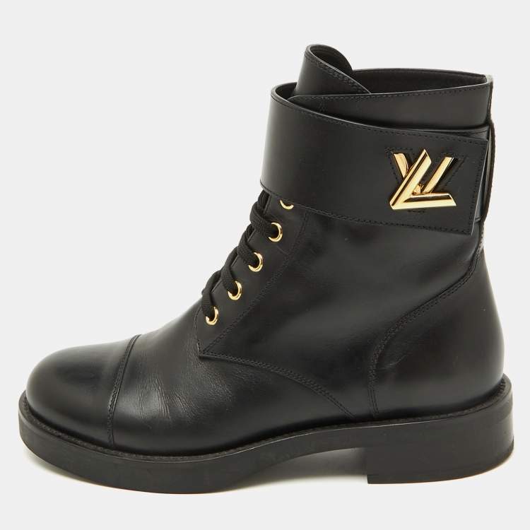 Pre Owned Louis Vuitton Black Leather Wonderland Ranger Combat Boots Size 38