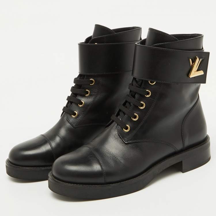 Pre Owned Louis Vuitton Black Leather Wonderland Ranger Combat Boots Size 38