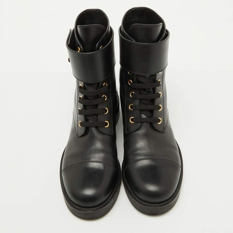 Pre Owned Louis Vuitton Black Leather Wonderland Ranger Combat Boots Size 38